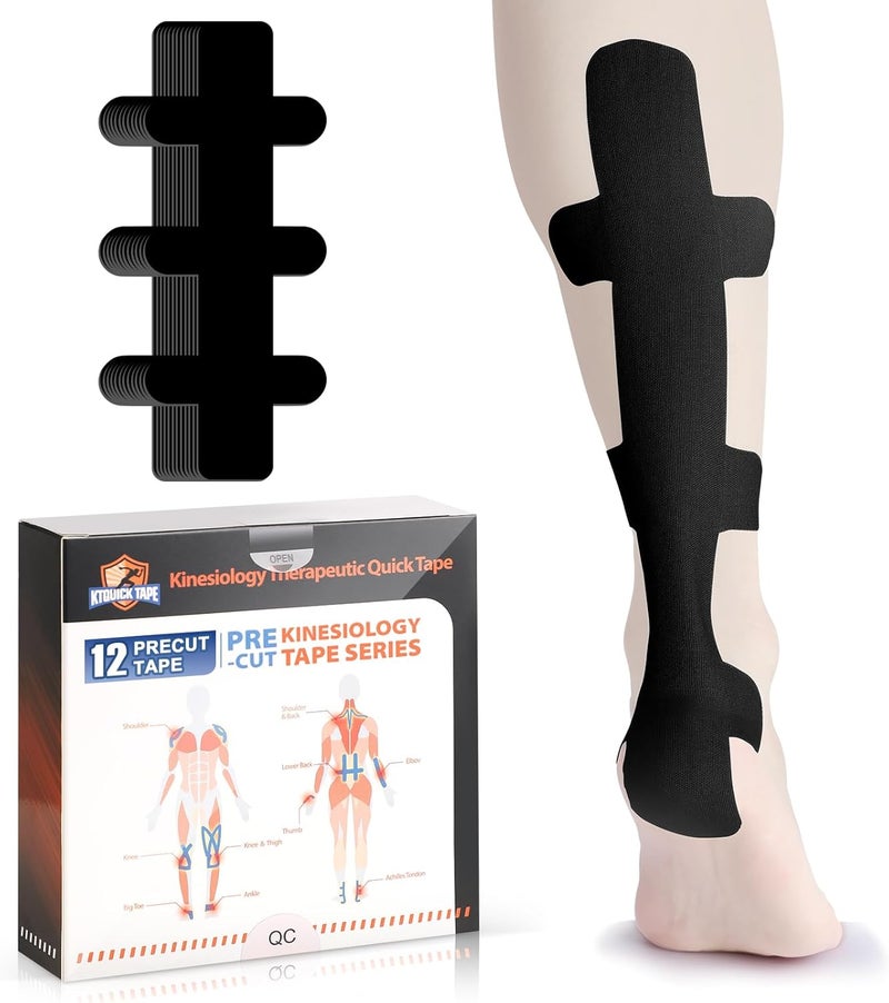 KTQUICK Store Kinesiology Tape for Achilles Tendon, 12 Count Achilles Tendon Tape Precut, Original Cotton Waterproof&Breathable, Enhance Elastic Kinesiology Athletic Tape for Achilles&Muscle Support(Black) - Image 1